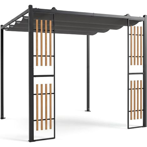 Pergola Jardin Exterieur avec Toit Rétractable, Belvédère pour Patio avec 2 Paravents Lattes, Cadre en Acier au Carbone, Tonnelle de Jardin Extérieur pour Terrasse (1/2)
