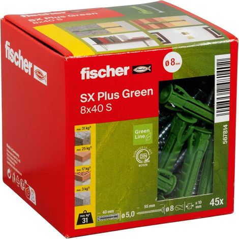 Cheville à quadruple expansion tous matériaux SX Plus Green 8x40 avec vis, fabriquée à base de matières premières renouvelables/Boîte de 45 (1/5)