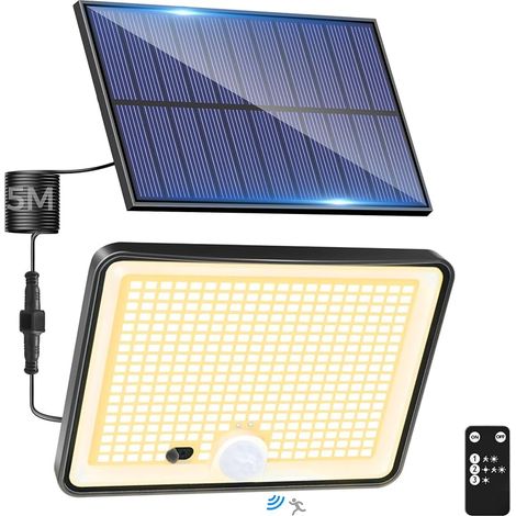 Lampe Solaire Exterieur Detecteur de Mouvement avec Télécommande, 342 LED Lumiere Solaire IP65 Étanche Spot Solaire, 3 Modes Eclairaget Solaire pour Jardin Garage Cour, Blanc Chaud (1/5)