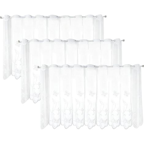 Lot de 3 rideaux brise-bise, Bistrogardine 130 45 cm, Blanc semi-transparent, rideaux courts à motifs floraux, rideau court pour salon, chambre, couloir (1/5)