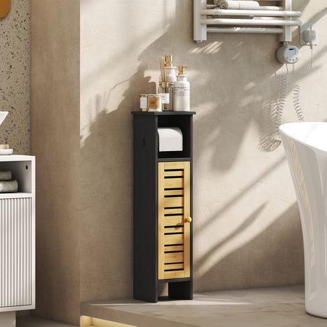 Meuble de salle de bain avec support papier toilette barre amovible 3 Niveaux + Sortie Papier, 78H cm, Bambou noir (1/5)