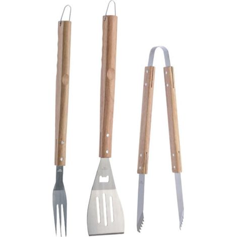 Set 3 Pezzi Utensili Barbecue In Acciaio E Legno Accessori Attrezzi Bbq Tools - (1/3)