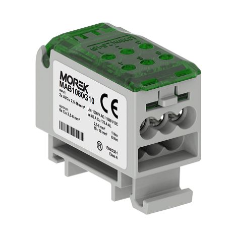 Verteilerblock grün 2x 2,5-16 mm Ausgang: 6x 2,5-6 mm 1000 VAC/1500 VDC Morek MAB1080G10 (1/2)