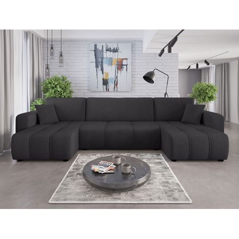 Wohnlandschaft mit Schlaffunktion DAGNY Sofa U-Form in Stoff Poso Schwarz