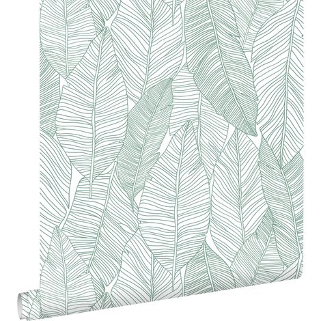 Papier peint à motif feuilles dessinées vert – 53 cm x 10,05 m – Intissé écologique – Raccord sauté pour pose facile – Estahome