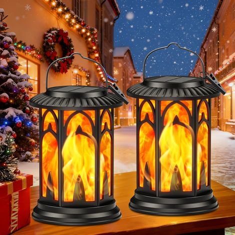 Solarlampen für Außen Hängend, 2 Stück Vintage Solar Laternen für Draußen Fackeln, Solarleuchten für Außen mit Realistischen Flammeneffekt, Weihnachtslaterne Balkon Tisch Garten Halloween Deko (1/5)