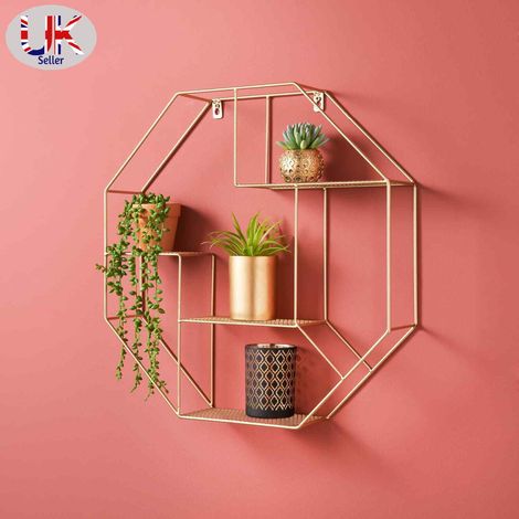 Hexagon Shelf Gold Round Tube Wall Floating Shelf (1/2)
