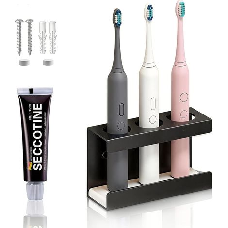Support Brosse à Dents électrique 3 emplacements en Acier Inoxydable, Porte Brosse à Dents Mural sans perçage/Installation à vis, Porte Brosse à Dents électrique, Rangement Salle de Bain (Noir) (1/5)