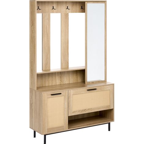 Mueble de recibidor con zapatero y espejo 112 cm de ancho x 179 cm de alto armario y perchero aglomerado marrón claro Maleny
