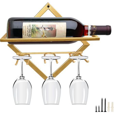 Botellero plegable de metal para pared AIDUCHO con 3 soportes para copas, estante colgante para el hogar, la cocina, el bar y la decoración de paredes (dorado) (1/5)