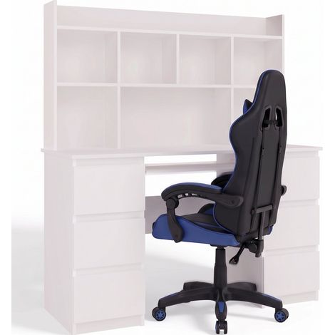 Set: scrivania per computer con ripiano sopraelevato e sedia gaming con schienale reclinabile, Bianco opaco / Blu-Nero, 130 x 51 x 146 cm (1/5)