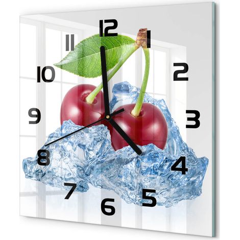 Horloge Murale Carrée Déco Salon Verre Trempé Silencieuse Design Contemporain Cerise avec de la glace 30x30 cm (1/5)