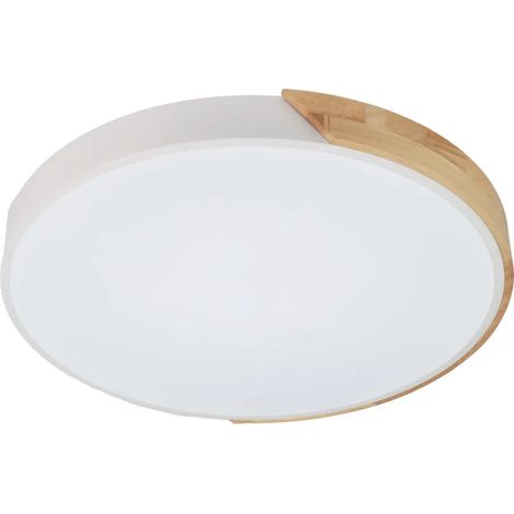 Plafonnier LED 40W CCT métal blanc et bois Ø500 mm