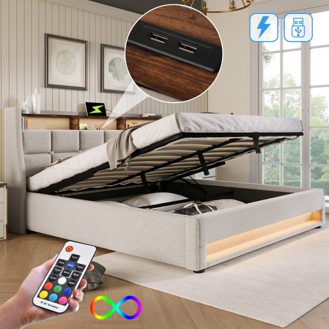 Lit rembourré avec port USB 140x200cm, lit double LED avec sommier à lattes en métal, cadre de lit en lin, lit enfant (sans matelas) (1/5)