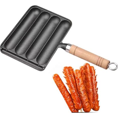 Poêle à griller en fonte avec revêtement antiadhésif et manche en bois résistant à la chaleur. Poêle à griller pour hot-dogs. Convient pour le barbecue, le four et la cuisine. Durable et (1/5)