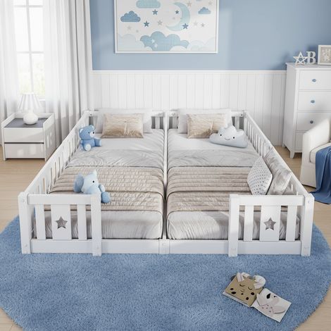 Letto in legno 140x190 per bambini, 2 posti, con sponde decorate a stelle, rete a doghe inclusa - Bianco