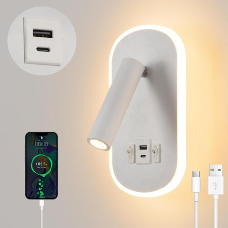 LED Liseuse de chevet,Applique Murale avec interrupteur,USB + TYPE C port de charge Luminaire Murale,3W 3000K + 9W 6000K éclairage d'ambiance de chambre à coucher,Spot réglable Lampe de Lecture Blanc (1/5)