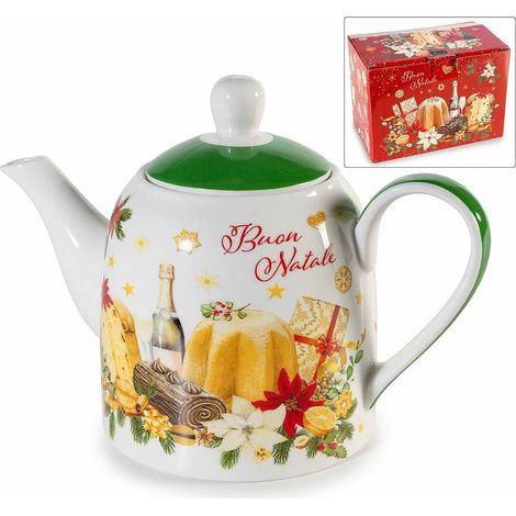 Teiere di Natale in porcellana con stampa dolcetti, scritta Buon Natale e confezione regalo, cm 20 x 11 x 14 H