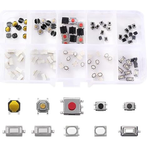 100 Pièces 10 Value Boutons Poussoirs Tactiles Micro Momentary Tact Assortiment Kit, D'assortiment de Bouton Tactile, pour Clé de Télécommande de Voiture