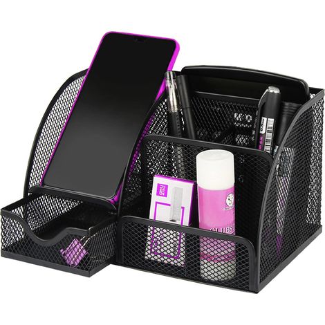 Organiseur de bureau - Porte-stylos en maille métallique - Multifonction - Boîte à crayons avec tiroirs - Pour bureau, école, maison - Noir (1/5)