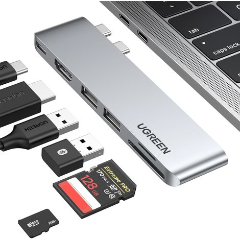 Hub répartiteur de ports pour MacBook Air et Pro : 2 ports USB-C, 2 ports HDMI, 2 ports USB 3.0, lecteur de cartes SD/TF, lecteur de cartes PD (gris). (1/2)