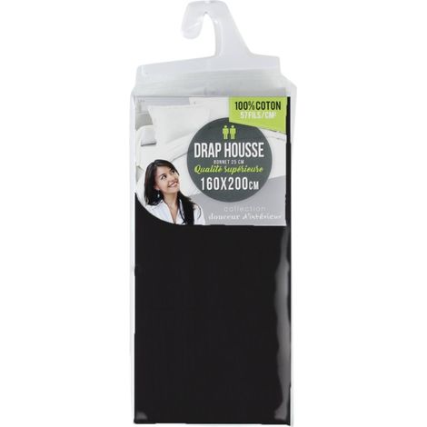 Drap Housse 100 % Coton Lina - 190x90cm - Noir (1/5)