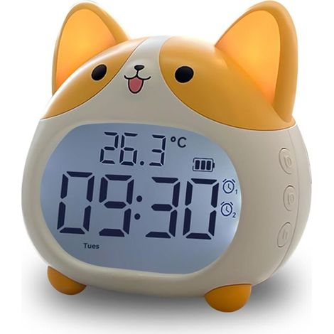 Réveil pour enfants - Réveil chien mignon avec veilleuse, 6 sonneries, fonction snooze, minuteur, affichage de la date et de la température - Réveil numérique rechargeable pour chambre d'enfant (Corgi (1/4)