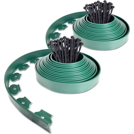 10 Meter lange, flexible Garteneinfassung aus Kunststoff mit 30 Befestigungspfählen, 50 mm hoch, schwarz, mit 30 Erdspießen, ideal für die Gartengestaltung