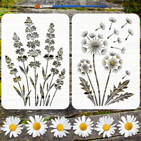 2Pcs Pochoir de Peinture Pissenlit Lavande Avec Un Pinceau (1/5)