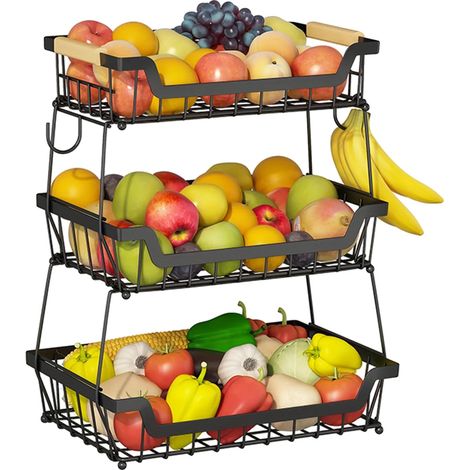 Étagère de rangement pour fruits et légumes, design à 3 niveaux, caractéristiques gain de place, noir, 3 niveaux (1/2)