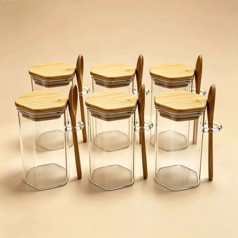 (320 ml - 6 bouteilles) Bocaux hexagonaux en verre pour condiments, récipients de conservation des aliments hermétiques, avec couvercles en bambou et cuillères en bois. (1/5)