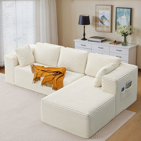 Bealife L-förmiges Ecksofa mit Cordkissen keine Installation Erforderlich Rechte Ecke für Wohnzimmer Arbeitszimmer Schlafzimmer Leseecke Beige