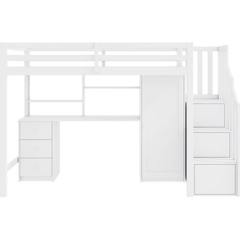 Cama alta infantil 90 x 200 cm blanca con escritorio, armario, cajones y escalera (1/5)