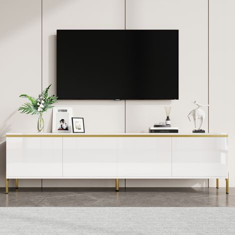 Meuble TV Blanc 170x38x50 cm Rangement 4 Portes avec Pieds Métal Doré, Meuble Bas Moderne pour Salon - Laqué Blanc Brillant et Or (1/5)
