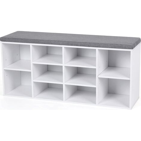 Vasagle – Banc à chaussures avec coussin – 10 compartiments ajustables pour chaussures jusqu'à la taille 44 – Dimensions 104 x 30 x 48 cm – Panneau d'aggloméré blanc