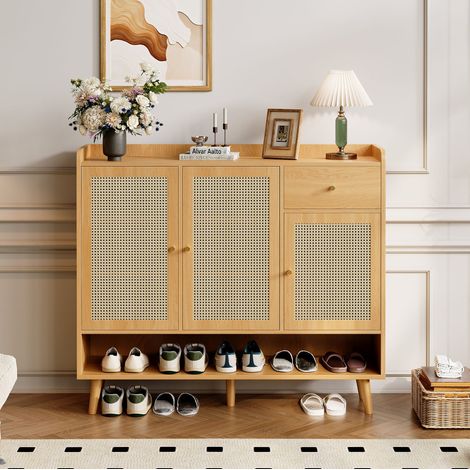 Mueble Zapatos Ratán Natural, 3 Puertas 1 Cajón 5 Baldas, Patas Madera B120×H106×P35 Cm (1/5)