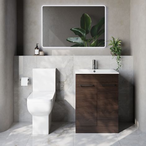 Napoli 460 Brown Oak 600mm 2 Door Vanity Unit and Tacoma Comfort Height Toilet Suite with Angel Basin - 600mm - Gunmetal Grey 160mm Handle