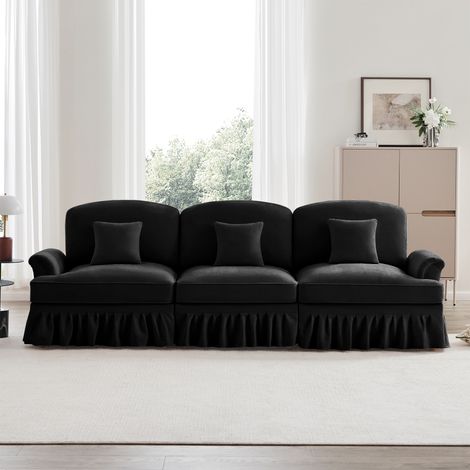 3-Sitzer-Sofa im mittelalterlichen Stil, Chenille-Stoff, kegelförmige Armlehnen, bequemes Sofa für das Wohnzimmer, 272x83,5x93 cm – Elegantes und modernes Sofa – Schwarz