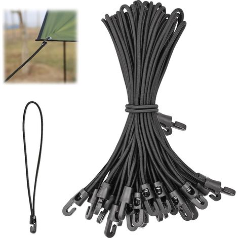 20 cuerdas elásticas negras de goma con ganchos, para tiendas de campaña, lonas de camping y remolques.