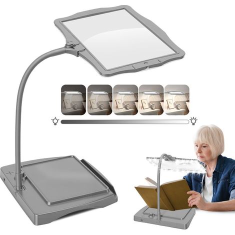 Große 10-fache Vergrößerungslupe mit Licht und Stativ, 48 LEDs, einstellbare Helligkeit, flexibler Schwanenhals, Schreibtischlampe, große Lupe zum Lesen, Nähen und Basteln [Energieklasse A] Grau (1/5)