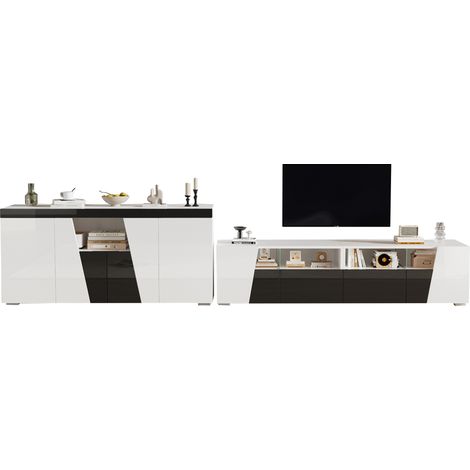 Set Mobile TV e Credenza 180x38,5x45 cm, Piano Ampio Salvaspazio, Ante Lucide e LED, MDF, Bianco e Nero, per Soggiorno (1/5)