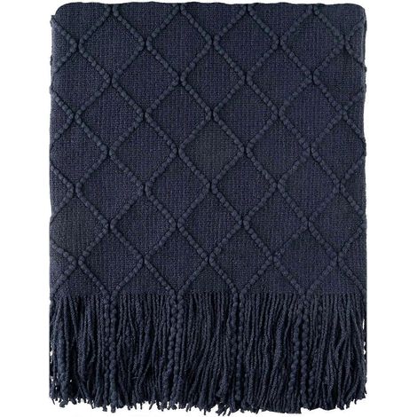 Navy Blue Throw Blanket Diamond Pattern Indoor Outdoor Knitted Throws for Sofa Home Decor (1/5)