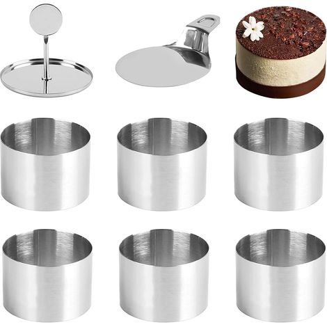 Pastry Circle, Set of 6 Stainless Steel Cake Tin, 7.5 cm (3 Inch) with Pusher and Cake Lift, Baking Utensils for Pancakes, Pastries and Desserts (1/5)