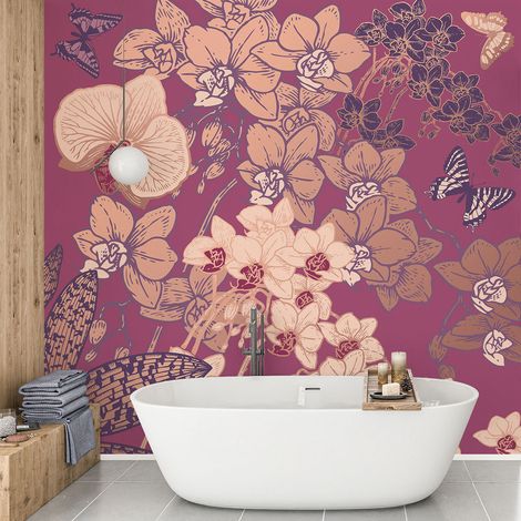 Papier peint panoramique - Fleurs Papillons - 130 cm x 130 cm (1/4)