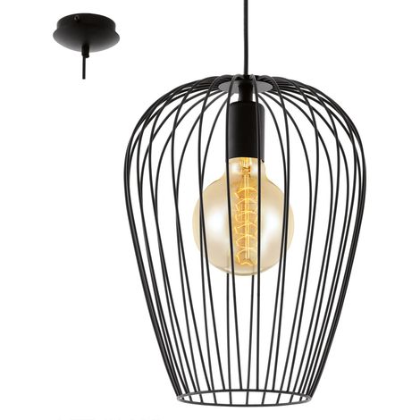 Eglo Lampada a sospensione Newtown, lampada a sospensione a uno punto luce vintage, lampada a sospensione retrò in acciaio, nero, E27, diametro 27,5 cm (1/5)
