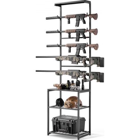 Soporte de Almacenamiento para Armas de Fuego, Capacidad de 5 Escopetas, Estantería para Armas de Interior, con Estantes Inferiores y Superior, Acero al Carbono, para Exhibición Garaje Taller (1/5)