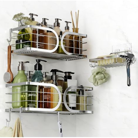 Etagère Douche Sans Percage 3 Pièces avec Porte-Savon Murale de Rangement pour Bouteilles de Shampoing Gel 304 Acier Inoxydable Grande Capacité Support Douche pour Salle de Bain(Argent) (1/5)