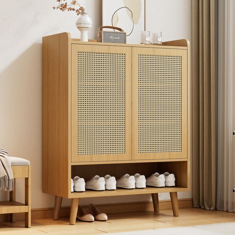 Meubles Cosy Scandinavian 2-Door Shoe Cabinet with 7 Compartments, Cane Rattan Doors, Rubberwood leg,Imitation oak