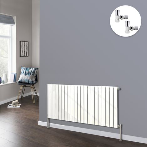 Flat Panel Designer Radiator Bathroom Central Heating Radiators White with Angled Manual Pair of Valves 600 x 1428mm Horizontal Single