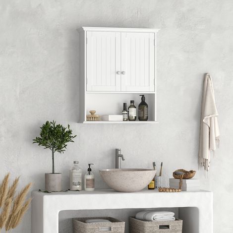 Armoire de Salle de Bain Murale kleankin avec 2 Portes Étagère Intérieure Réglable et Compartiment Ouvert Meuble d'Appoint Suspendu Polyvalent pour Cuisine 60x20x70.5 cm Blanc (1/5)